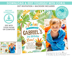 Luau Birthday Invitation with Photo, Editable Digital Invite
