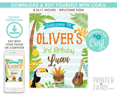 Editable Luau Welcome Sign, Hawaiian Birthday Party (Instant Download)