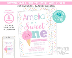 Ice Cream First Birthday Invitation, EDITABLE Sweet One (Digital)