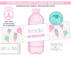 Ice Cream Birthday Water Bottle Labels, EDITABLE (Digital Download)