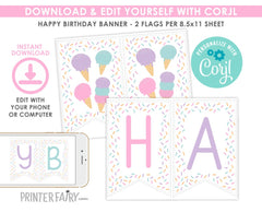Ice Cream Birthday Banner, Editable Party Decor (Digital Download)