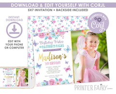 Butterfly Birthday Invitation, Floral Garden Party, Photo Invite (Digital)