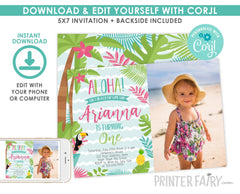 Luau Birthday Party Invitation with Photo, Instant Download