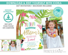 Editable Luau Birthday Photo Invitation, Tropical Party (Instant Download)