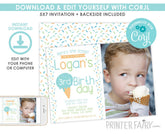 Ice Cream Birthday Invitation with Photo, Boy Party (Editable, Instant Download)