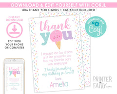 Ice Cream Party Thank You Card Editable Template, Instant Download