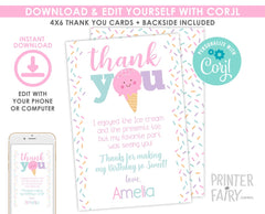 Ice Cream Party Thank You Card Editable Template, Instant Download