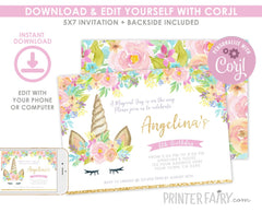 Editable Unicorn Birthday Invitation, Magical Party (Instant Download)