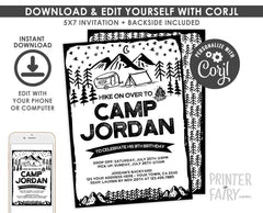 Editable Camping Birthday Invitation, Black and White (Instant Download)