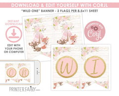 Wild One Girl Banner, Editable Woodland Birthday Decor (Digital Download)