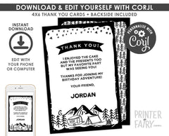 Camping Birthday Thank You Card, Editable Note (Digital Download)