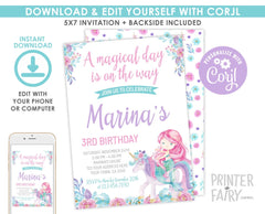 Unicorn Mermaid Birthday Invitation, Editable Floral Party (Instant Download)