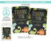 Editable Dinosaur Favor Tags, Birthday Thank You (Digital Download)