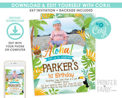 Luau Birthday Party Invitation Template with Photo, Instant Download