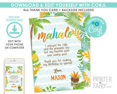 Hawaiian Luau Party Thank You Cards EDITABLE Template, INSTANT DOWNLOAD