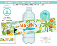 Luau Water Bottle Labels, Editable Tropical Party Decor (Instant Download)