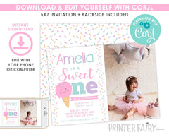 Ice Cream 1st Birthday Invitation with Photo, Editable (Digital)