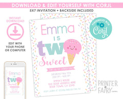 Ice Cream 2nd Birthday Invitation, Two Sweet Party (Digital Invite)