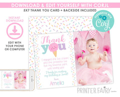 Editable Ice Cream Photo Thank You Cards (Instant Download)
