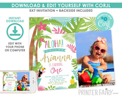 Editable Luau Birthday Photo Invitation, Tropical Party (Digital Invite)
