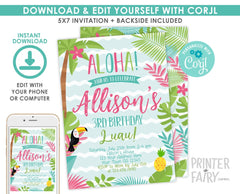 Editable Luau Birthday Invitation, Tropical Beach Party (Instant Download)