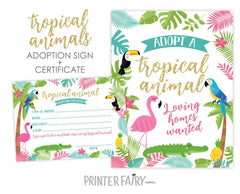 Tropical Animal Adoption Sign and Certificate (Digital Printables)