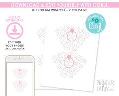 Editable Ice Cream Cone Wrapper, Sprinkles Birthday Party (Digital Download)