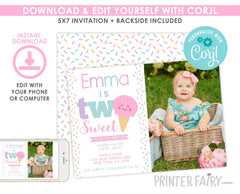 Two Sweet Ice Cream 2nd Birthday Invitation with Photo (Editable with Corjl)