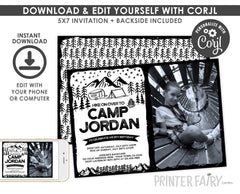 Editable Photo Camping Birthday Invitation, Black & White (Instant Download)