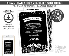 Camping Thank You Card, Editable Birthday Party Note (INSTANT DOWNLOAD)