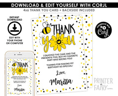 Bee Thank You Cards Editable Template, Instant Download
