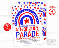 4th of July Birthday Parade Invitation, Rainbow Design (Digital Download)
