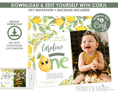 Lemon First Birthday Invitation, Editable Citrus Party (Instant Download)