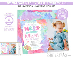 Art Birthday Invitation, Colorful Watercolor Paint (EDITABLE Digital Invite)