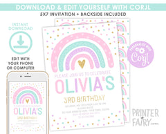 Rainbow 1st Birthday Invitation, Modern Party Invite (INSTANT DOWNLOAD)