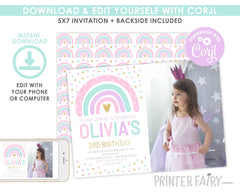 Rainbow Birthday Invitation with photo Editable Template, INSTANT DOWNLOAD