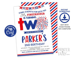 4th of July 2nd Birthday Invitation, Editable Digital Invite