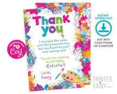 Art Birthday Thank You Cards, Editable Template (Instant Download)