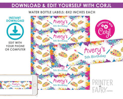 Art Birthday Party Water Bottle Labels, Editable Printable (Instant Download)