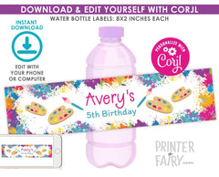 Art Birthday Party Water Bottle Labels, Editable Printable (Instant Download)