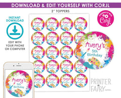 Art Birthday Party Toppers, Editable Round Labels (Digital Download)