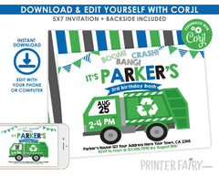 Editable Trash Truck Birthday Invitation Template (Digital Instant Download)