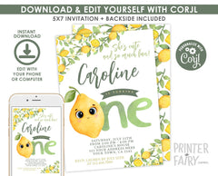 Lemon First Birthday Invitation, Editable Citrus Party (Digital Download)