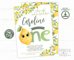 Lemon First Birthday Invitation, Editable Citrus Party (Digital Download)