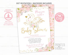Swan Baby Shower Invitation Editable Template, INSTANT DOWNLOAD