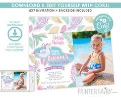 Unicorn Pool Birthday Invitation with Photo, Editable (Digital Download)