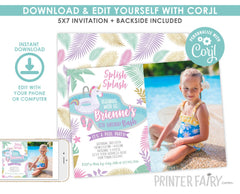 Unicorn Pool Birthday Invitation with Photo, Editable (Digital Download)