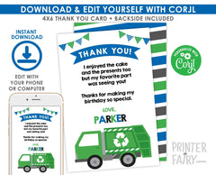 Trash Truck Thank You Cards, Recycle Birthday (EDITABLE, INSTANT DOWNLOAD)