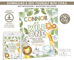 Safari 1st Birthday Invitation, Jungle Animals Party (Digital Download)