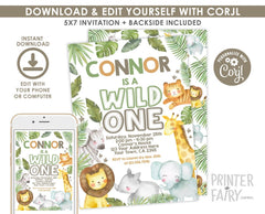 Safari 1st Birthday Invitation, Jungle Animals Party (Digital Download)